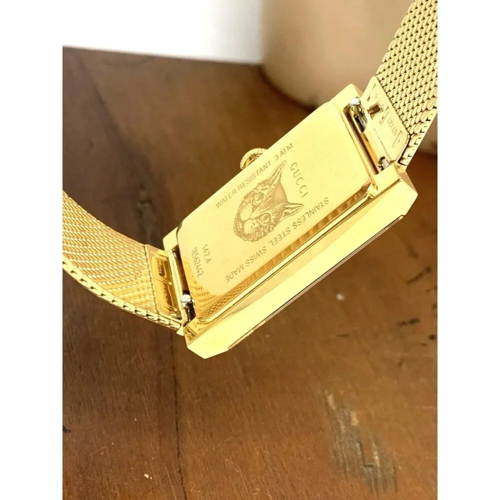 Gucci Women's Watch YA147410 G-Frame Gold Rectangular Dial Swiss Quartz Steel
